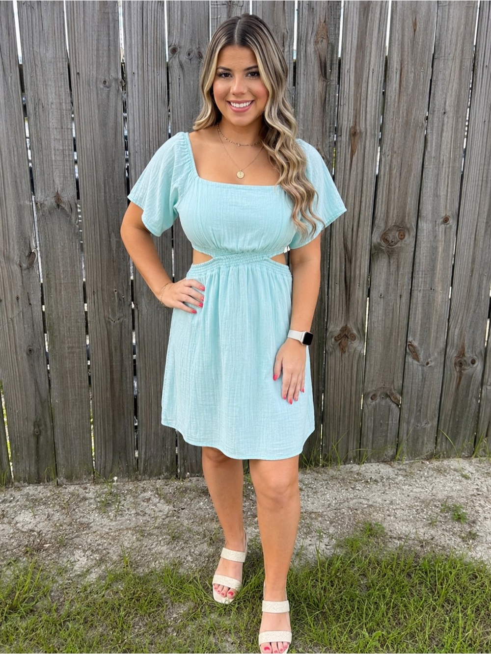 Simply Southern Aqua Cutout Puff Sleeve Dress – Size L – NWT
